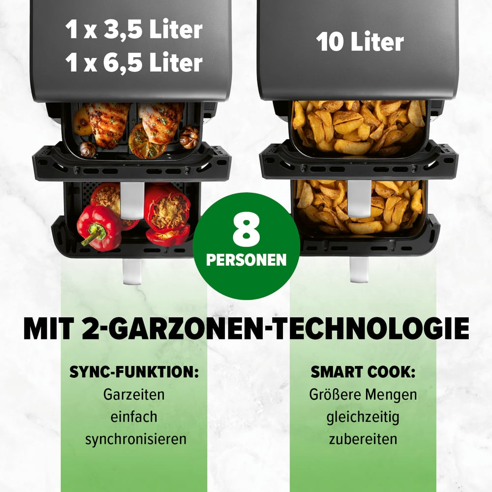 Eine Heißluftfritteuse mit zwei Fächern, eines mit Hähnchen, das andere mit Pommes. Sie hat 8 Portionen und intelligente Kochtechnologie.