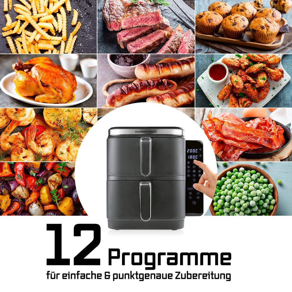 Ein Luftfritteuse mit Essensbildern: Pommes, Steak, Muffins, Hähnchen, Würstchen, Flügel, Garnelen, Speck, Gemüse, Erbsen.