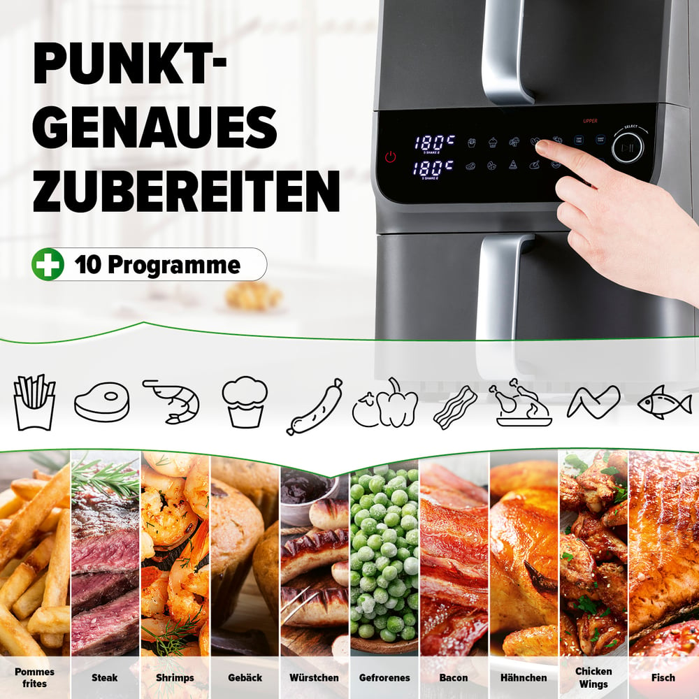 Ein Airfryer mit einer Hand, die eine Taste auswählt. Darunter Icons von Speisen mit Bildern von Pommes, Steak, Shrimps, Kuchen, Würstchen, Erbsen, Speck und Fisch.