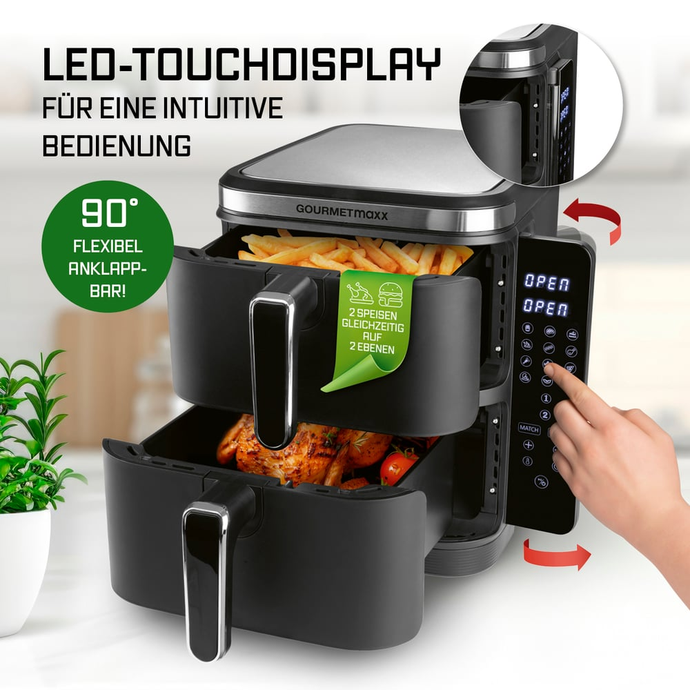 Una friggitrice ad aria con due scomparti, uno con patatine fritte, l'altro con pollo. Una mano tocca il pannello di controllo. Il testo dice 'LED-TOUCHDISPLAY'.