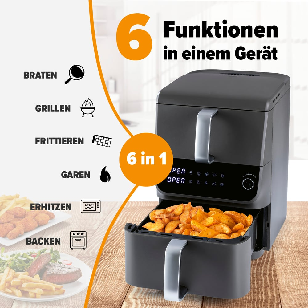 Eine Heißluftfritteuse mit Funktionen: Braten, Grillen, Backen usw. Sie hat eine Schublade mit Pommes und ein Display.