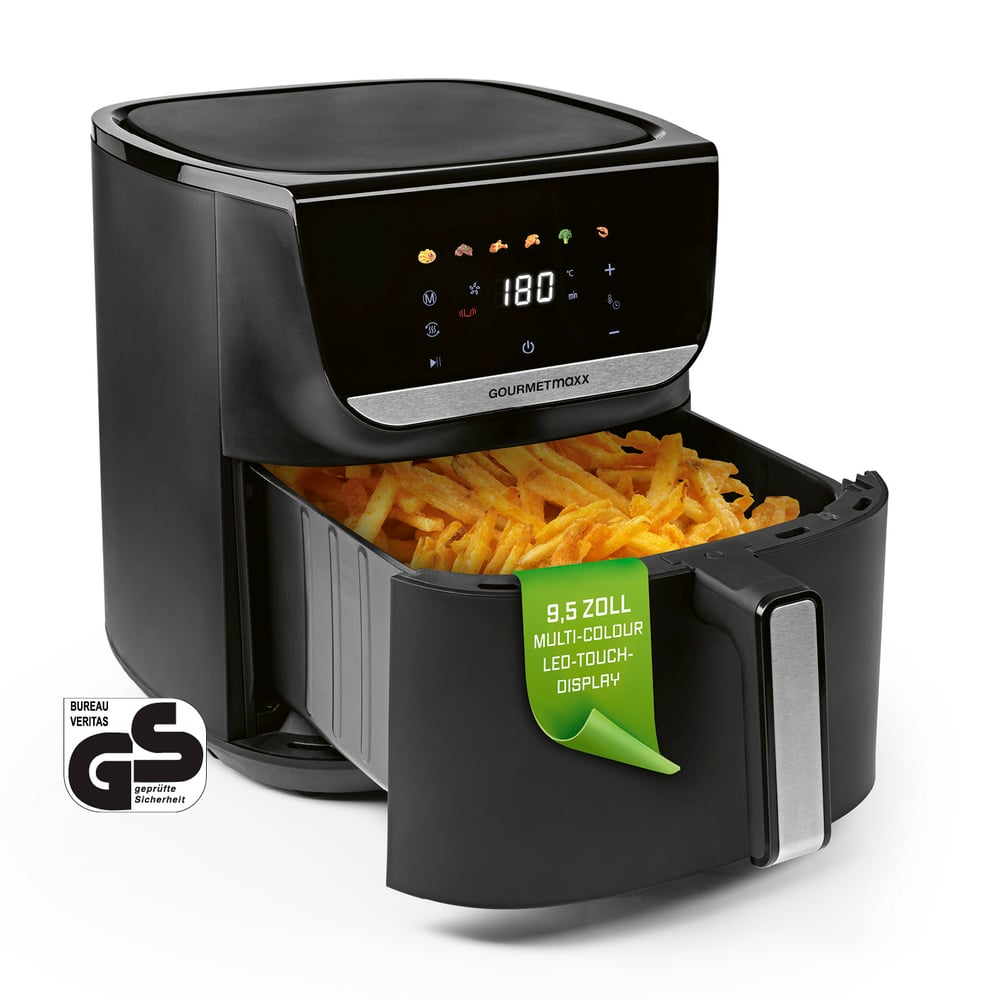 Schwarze Heißluftfritteuse mit Pommes Frites, Digitalanzeige mit 180 Grad. Ein grünes Etikett weist auf ein Multi-Color-LED-Touch-Display hin.