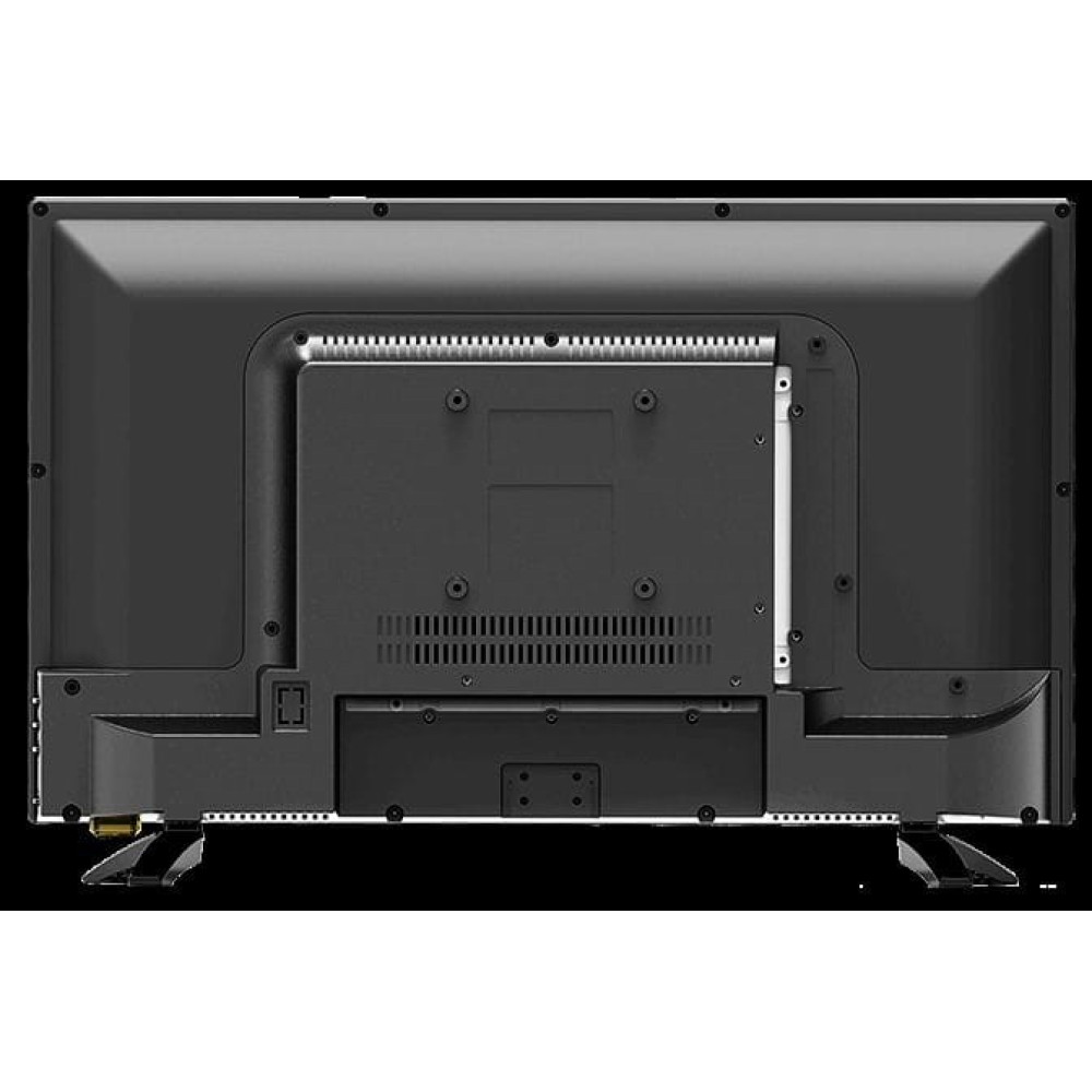 Widok z tyłu czarnego telewizora. Ma centralny panel z otworami wentylacyjnymi, śrubami i złączami. Widoczne są nóżki.