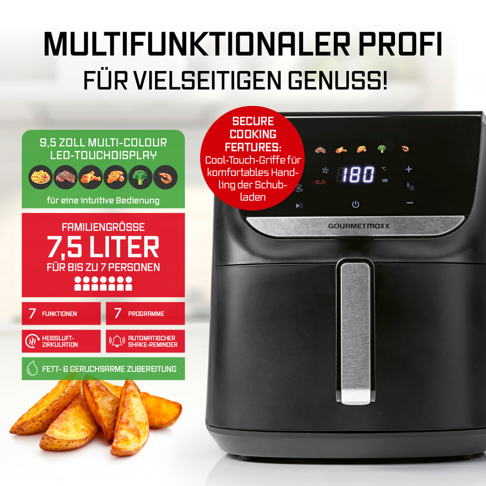 Schwarze Heißluftfritteuse mit Digitalanzeige und Text. Enthält gebratene Kartoffelspalten.
