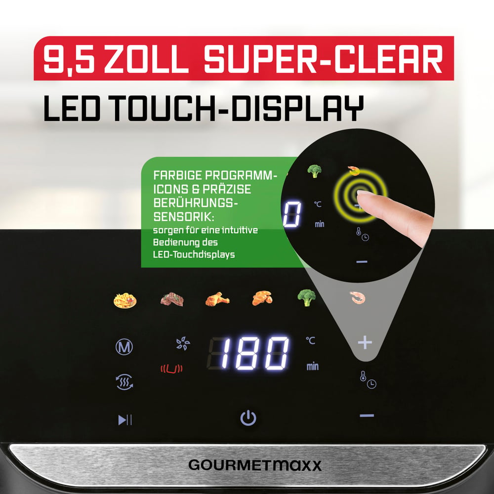 Schwarzes Display einer Heißluftfritteuse mit Temperatur und Essenssymbolen. Ein Finger berührt den Bildschirm. Text: LED TOUCH-DISPLAY.