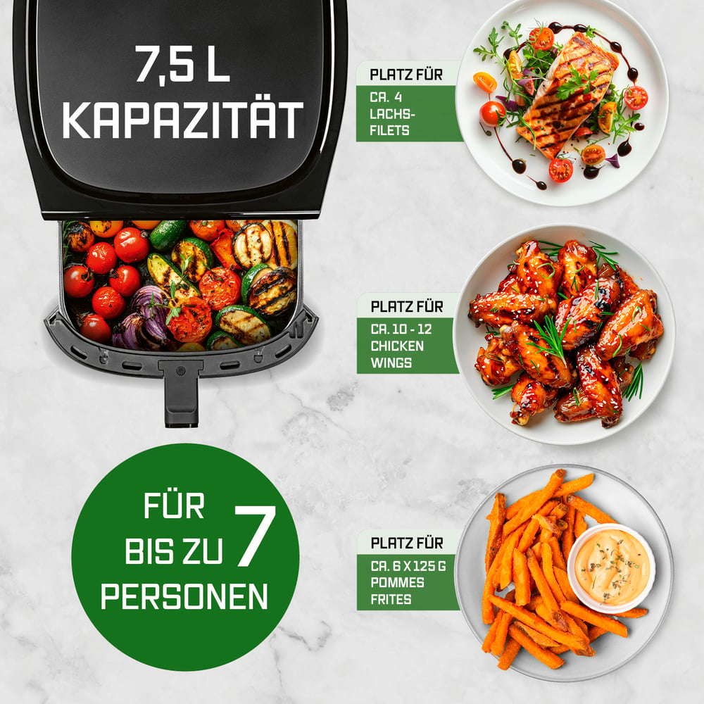Eine Heißluftfritteuse mit gekochtem Gemüse, Lachs, Chicken Wings und Pommes. Es ist für bis zu 7 Personen und hat 7,5L Kapazität.