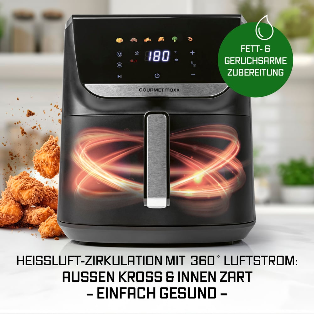 Schwarze Heißluftfritteuse mit Digitalanzeige. Frittiertes Essen links. Text: Heißluftzirkulation mit 360° Luftstrom.