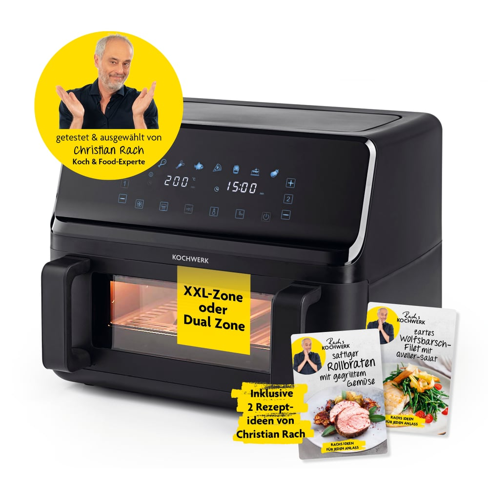 Ein schwarzer Airfryer mit Digitalanzeige, zwei Rezeptkarten und einem gelben Kreis mit einem Männergesicht.