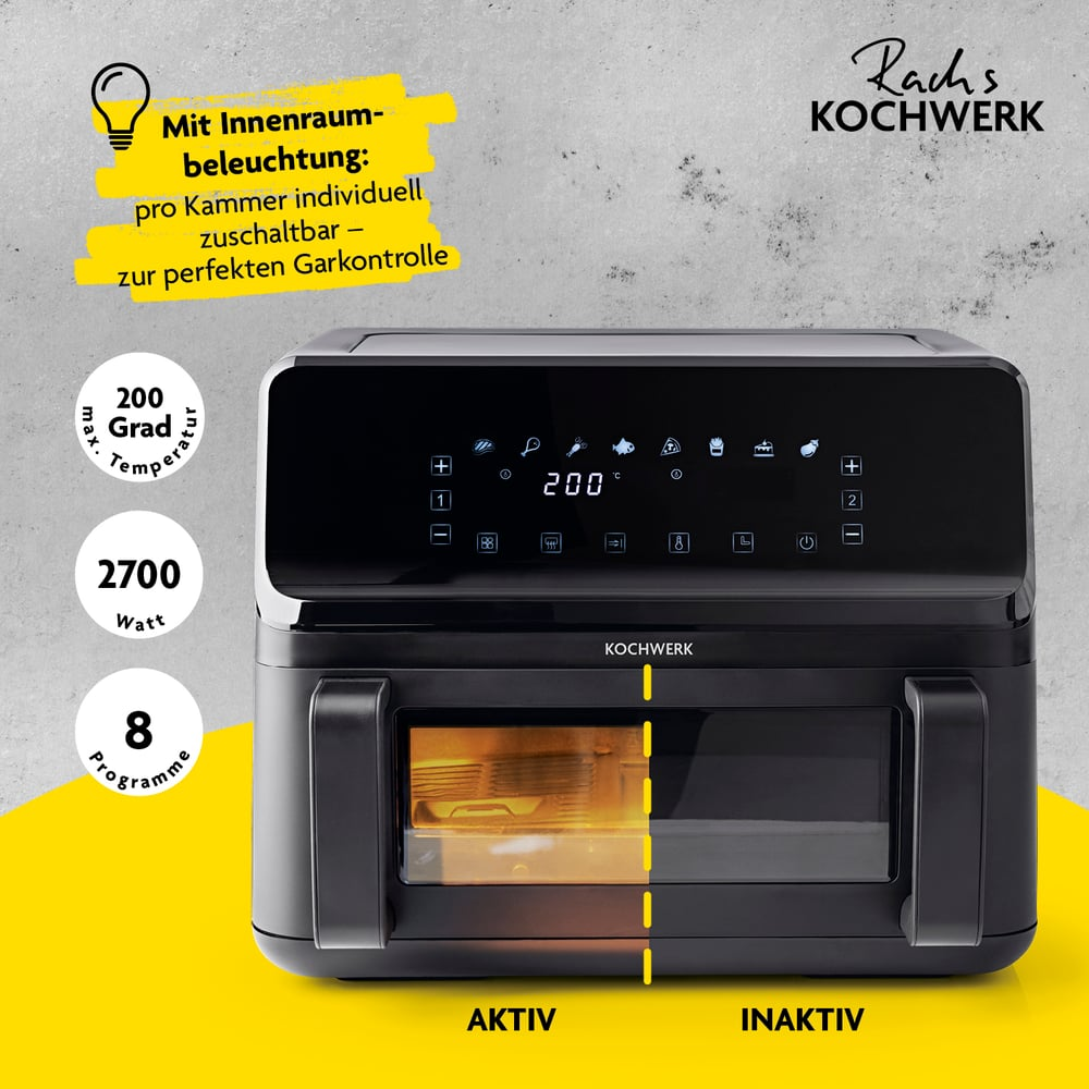 Schwarze Heißluftfritteuse mit Digitalanzeige. Merkmale: Innenbeleuchtung, max. 200 Grad, 2700 Watt, 8 Programme.