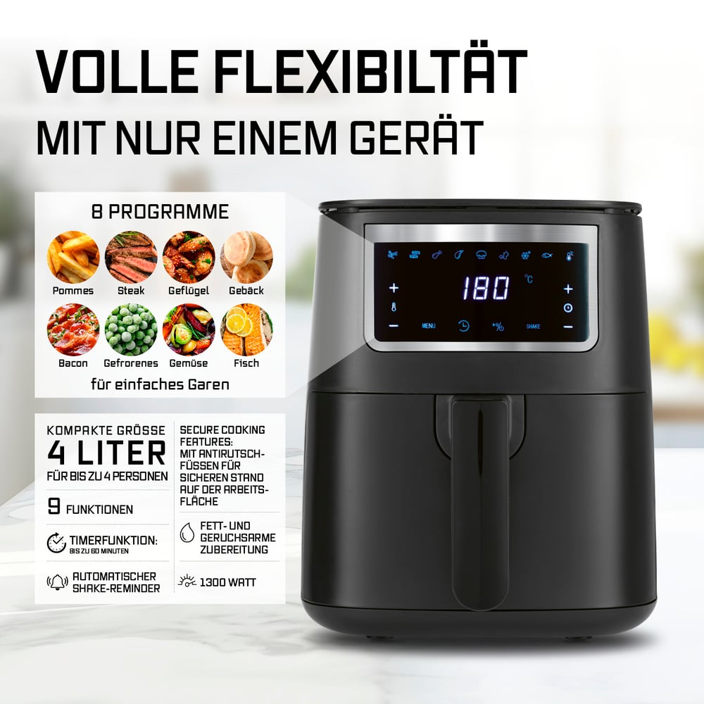 Schwarze Heißluftfritteuse mit Digitalanzeige. Merkmale: 8 Programme, 4L Fassungsvermögen und 9 Funktionen. Zeigt Bilder von gekochten Speisen.
