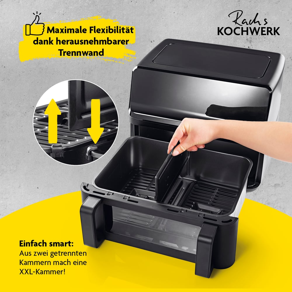 Eine Heißluftfritteuse mit herausnehmbarem Trenner. Eine Hand nimmt den Trenner heraus. Text zeigt Flexibilität und eine XXL-Kammer.