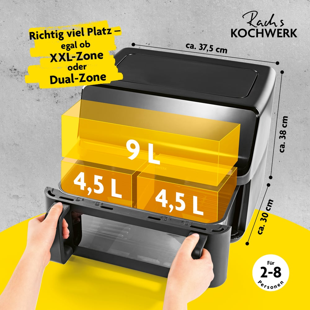 Ein schwarzer Airfryer mit Kapazitätsangaben. Hände halten den Griff. Text: XXL-Zone oder Dual-Zone. Kapazität: 9L, 4,5L, 4,5L. Für 2-8 Personen.