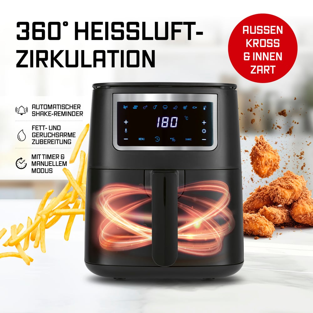 Ein schwarzer Airfryer mit Pommes und Brathähnchen. Text enthält '360° HEISSLUFT-ZIRKULATION' und weitere Funktionen.