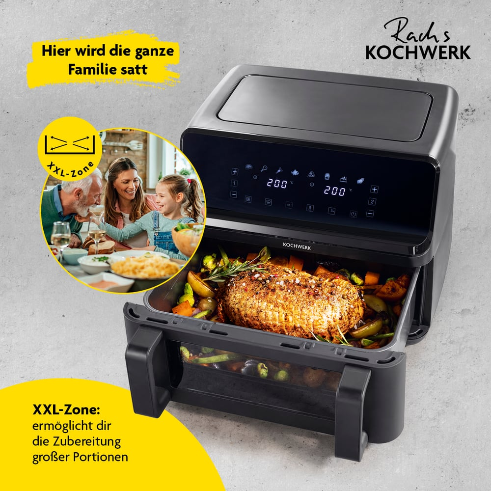 Ein Airfryer mit einem gebratenen Braten. Eine Familie genießt eine Mahlzeit. Text sagt 'XXL-Zone' und 'Hier wird die ganze Familie satt'.