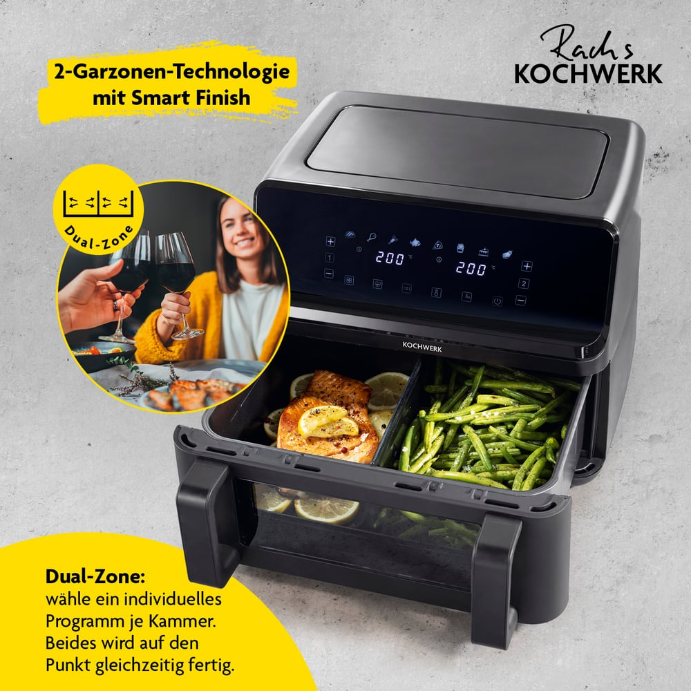 Schwarze Heißluftfritteuse mit Essen, eine Frau mit Weingläsern und Text über die Produktmerkmale.