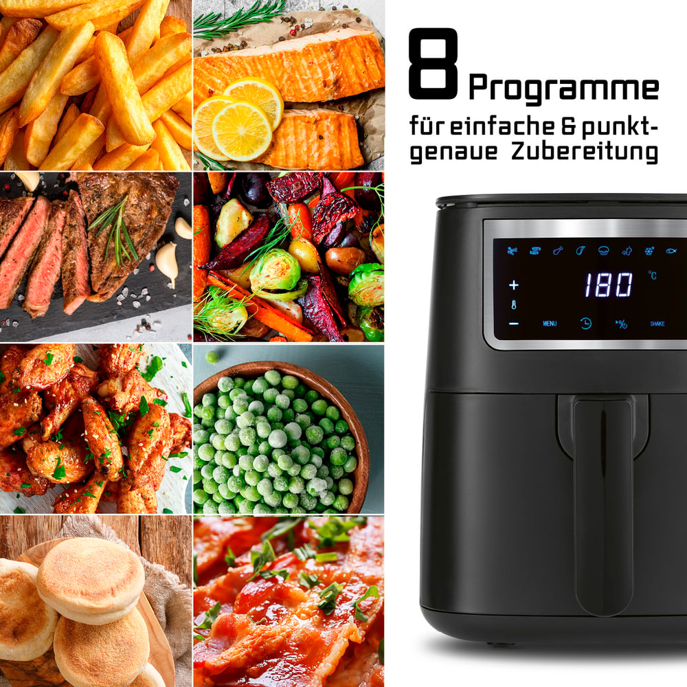 Ein Airfryer mit Essensbeispielen: Pommes, Lachs, Steak, Gemüse, Chicken Wings, Erbsen, Muffins, Speck. Es hat 8 Programme.