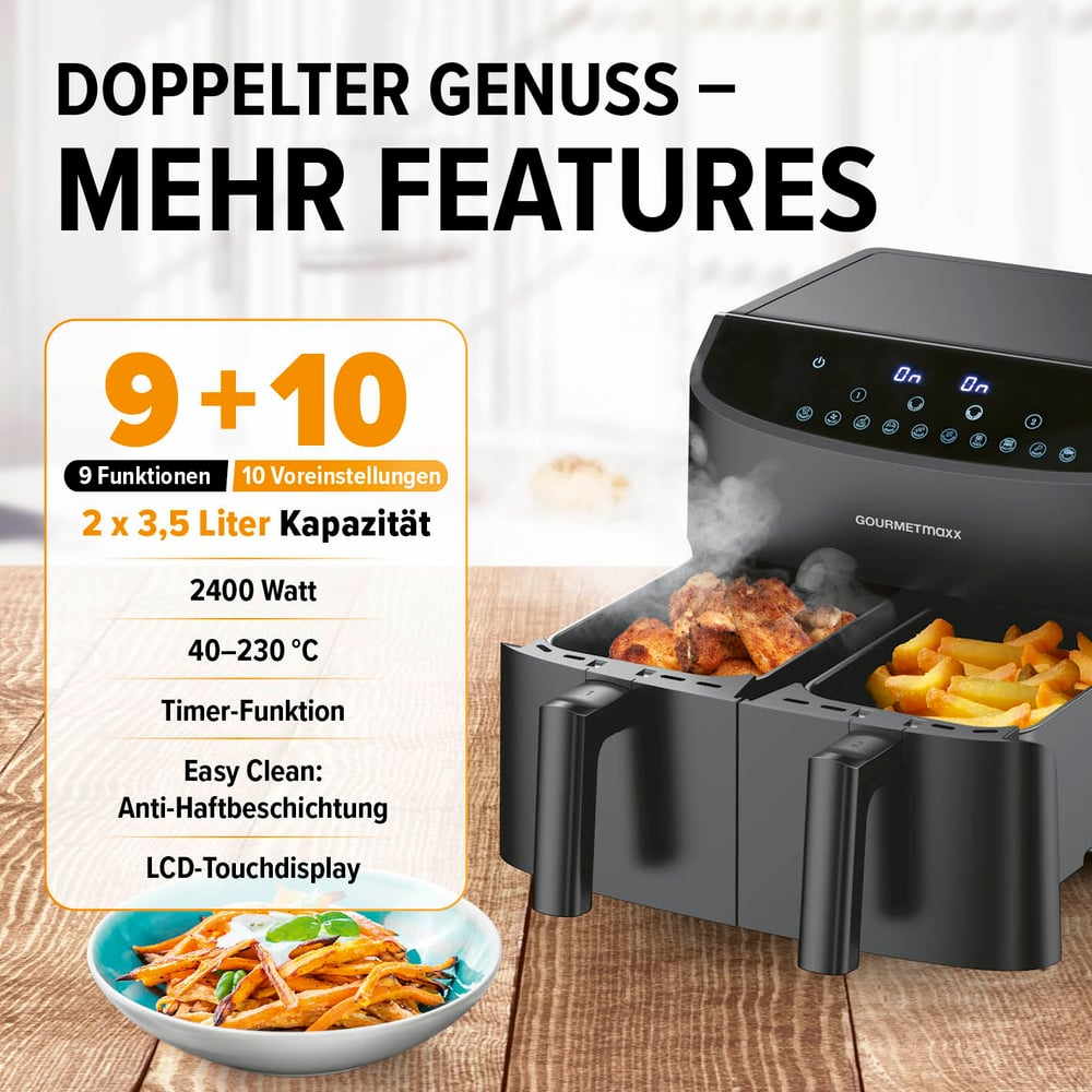 Eine Heißluftfritteuse mit zwei Fächern, eines mit Hühnchen, das andere mit Pommes. Text hebt Funktionen und Marke hervor.