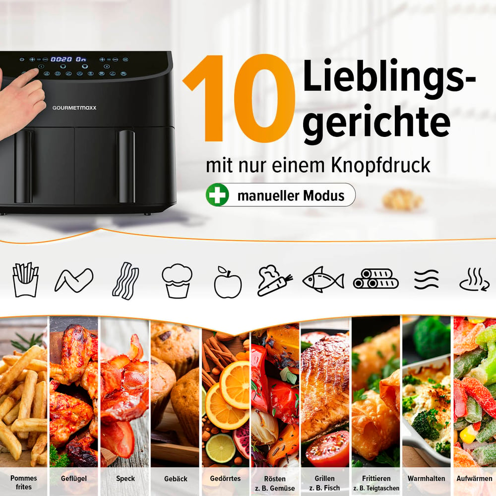 Eine Heißluftfritteuse mit Essenssymbolen und -bildern. Text: 10 Lieblingsgerichte mit einem Knopfdruck. Enthält Pommes, Hähnchen, Speck usw.