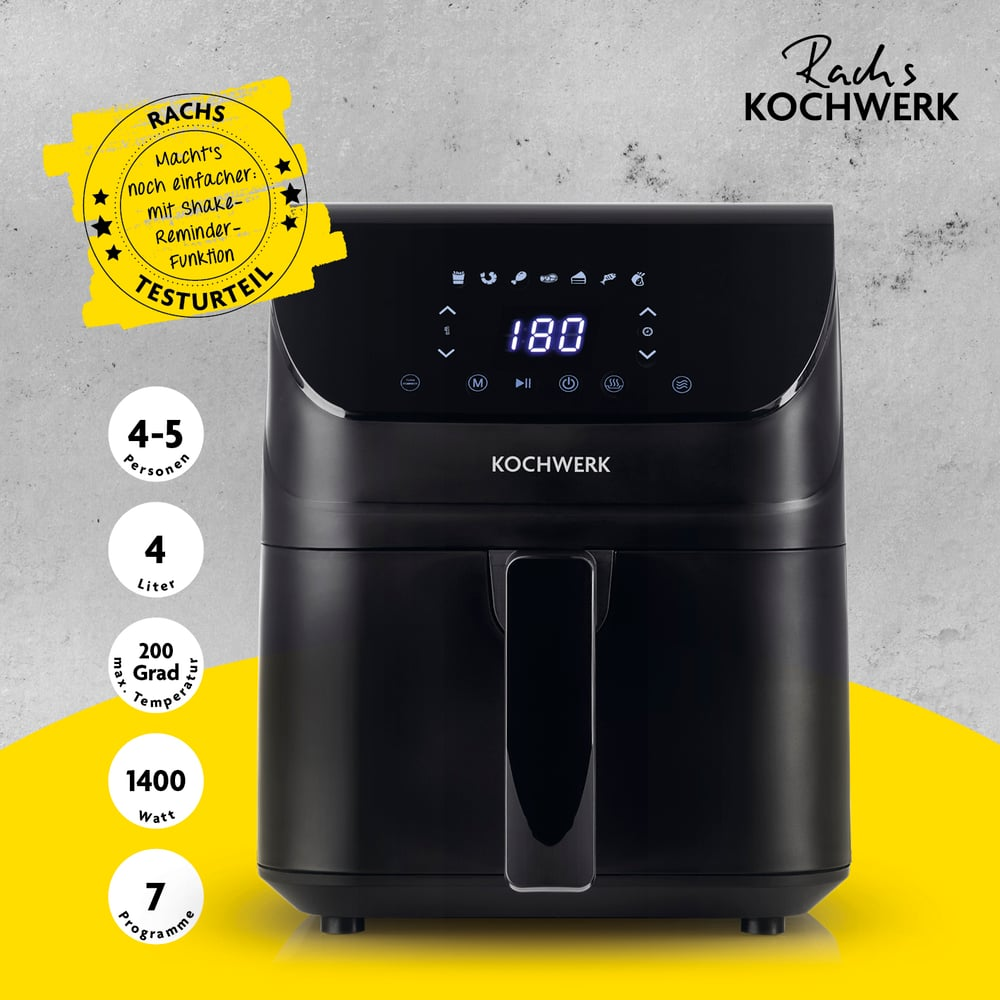 Ein schwarzer Kochwerk-Luftfritteuse mit Digitalanzeige, die 180 anzeigt. Gelbe Akzente mit Text über die Produktmerkmale.