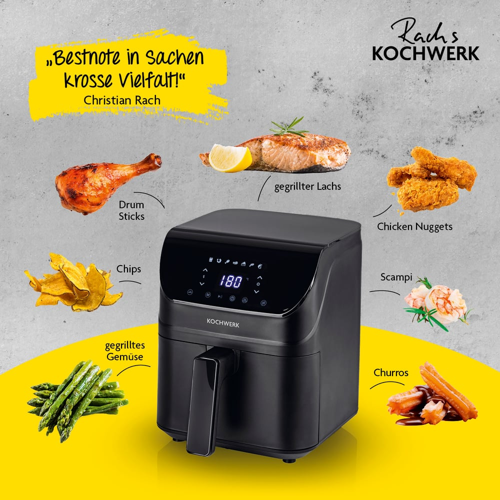 Ein Airfryer mit Speisenbeispielen: Hähnchenschenkel, Lachs, Nuggets, Chips, Spargel, Scampi, Churros. Schwarzes Gerät. Text enthält Rachs Kochwerk.