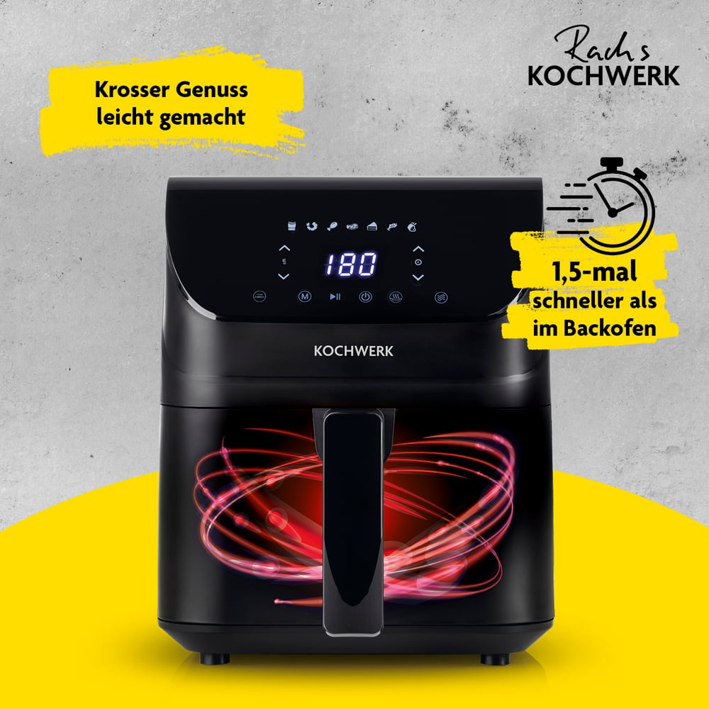 Ein schwarzer Airfryer mit digitaler Anzeige 180. Text sagt 'Krosser Genuss leicht gemacht' und '1,5-mal schneller als im Backofen'.