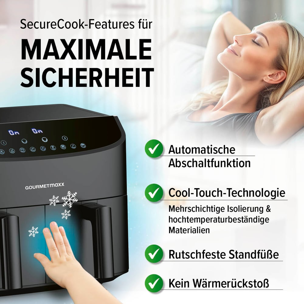 Ein Airfryer mit einer entspannten Frau im Hintergrund. Zu den Merkmalen gehören automatische Abschaltung und Cool-Touch-Technologie.