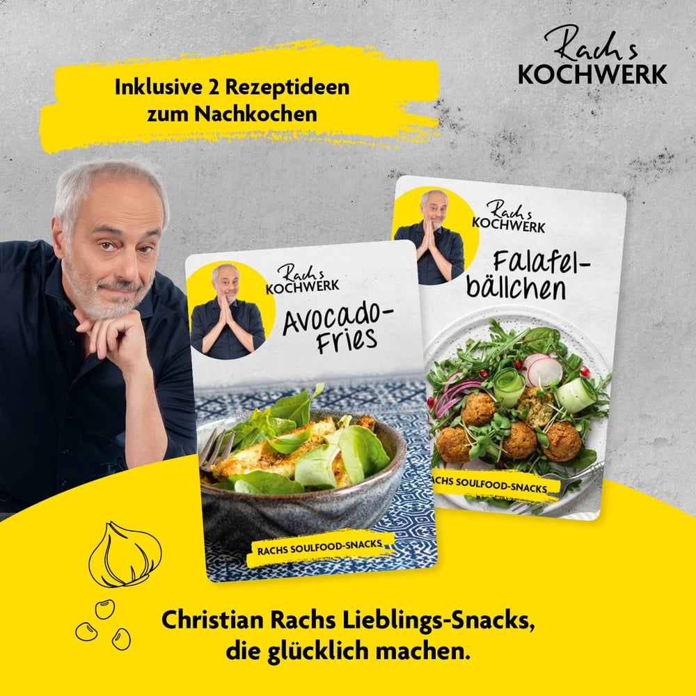 Mann mit Rezeptkarten: Avocado-Pommes, Falafel-Bällchen. Knoblauch & Text: Christian Rachs' Lieblings-Snacks, machen glücklich.