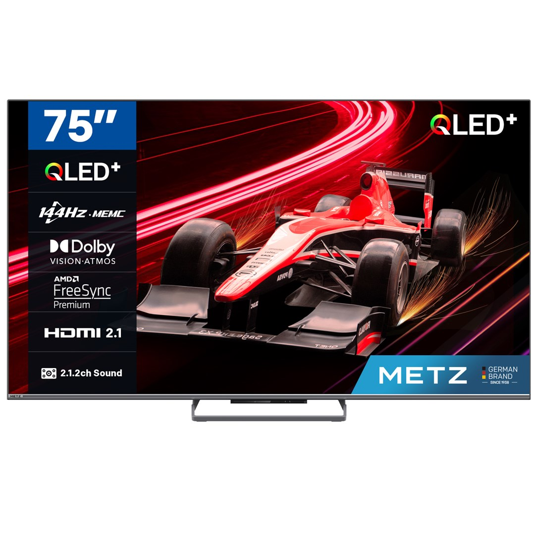 Telewizor Metz QLED+ 75" wyświetla czerwony samochód wyścigowy na czerwonym, paskowanym tle. Funkcje obejmują Dolby Vision, HDMI 2.1 i FreeSync.