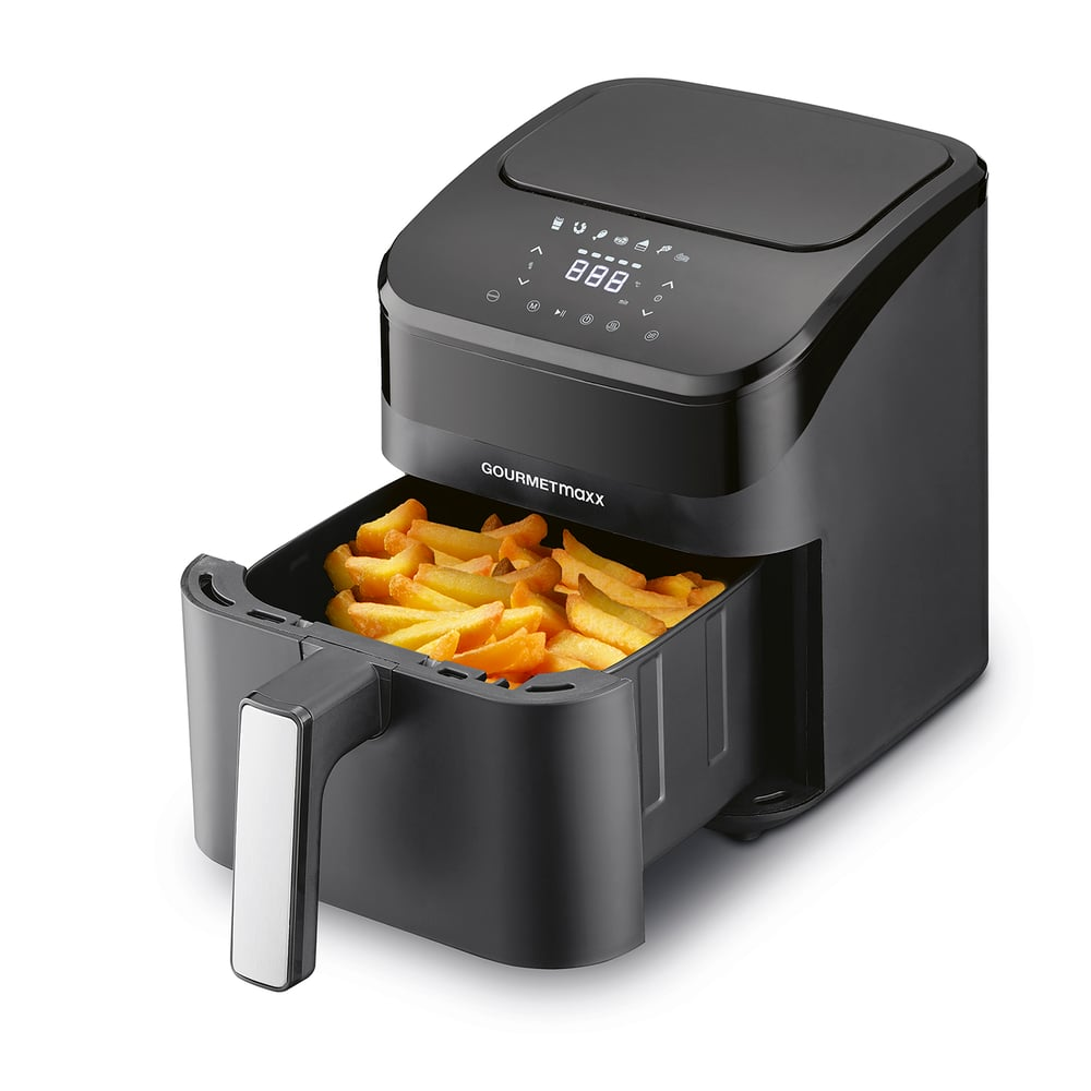 Ein schwarzer Airfryer mit einem Fach voller goldener Pommes Frites. Der Fritteuse hat ein Digitaldisplay und einen silbernen Griff.
