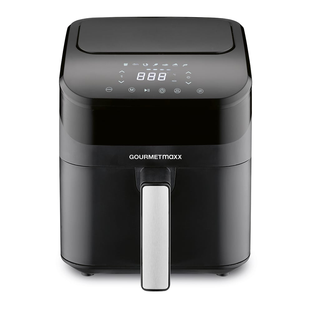 Ein schwarzer Gourmetmaxx-Heißluftfritteuse mit Digitalanzeige. Es hat einen silbernen Griff, und der Markenname ist sichtbar.