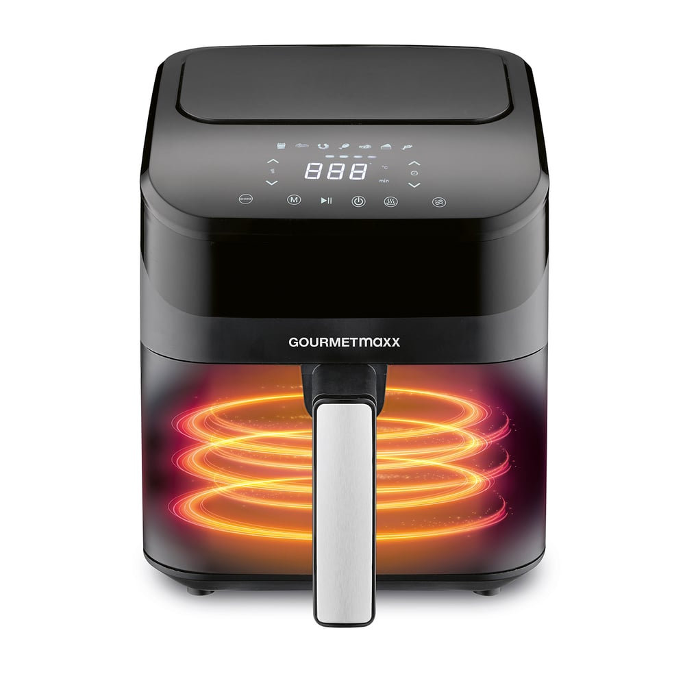 Schwarze Heißluftfritteuse mit Digitalanzeige und silbernem Griff. Das Gourmetmaxx-Logo ist sichtbar. Innen leuchten orangefarbene Spiralen.