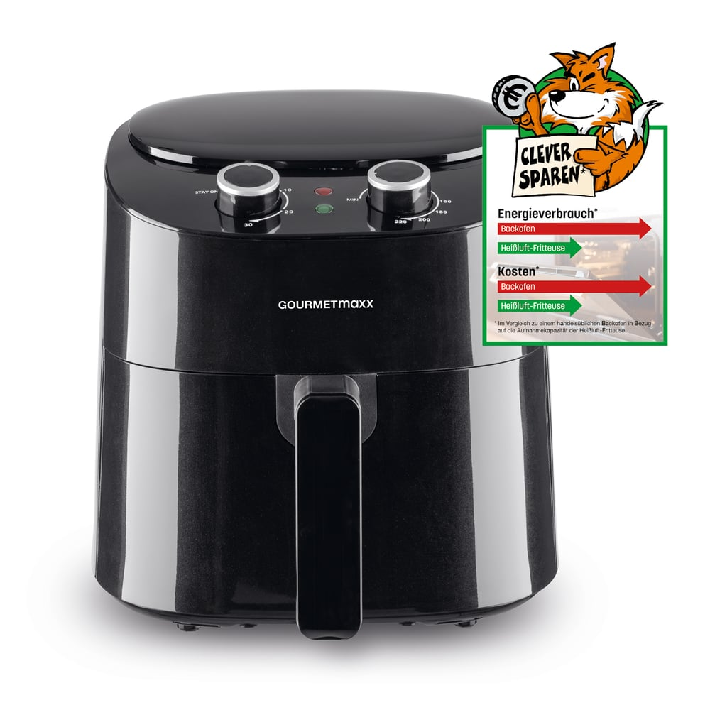 Eine schwarze Heißluftfritteuse mit Drehknöpfen und Griff. Eine Fuchs-Grafik wirbt für Energieeinsparungen.