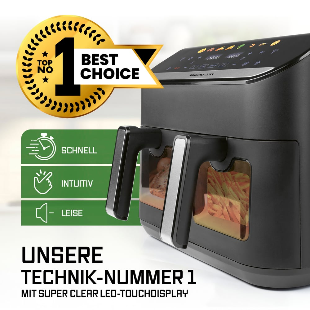 Schwarze Heißluftfritteuse mit Digitalanzeige. Hat ein 'Best Choice'-Abzeichen und Text auf Deutsch. Pommes sind sichtbar.