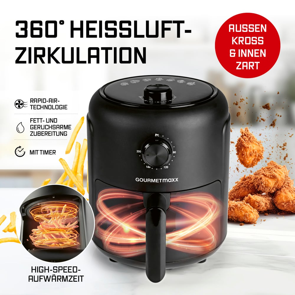 Una friggitrice ad aria nera con cibo. Il testo include '360° HEISSLUFT-ZIRKULATION' e 'AUSSEN KROSS & INNEN ZART'.
