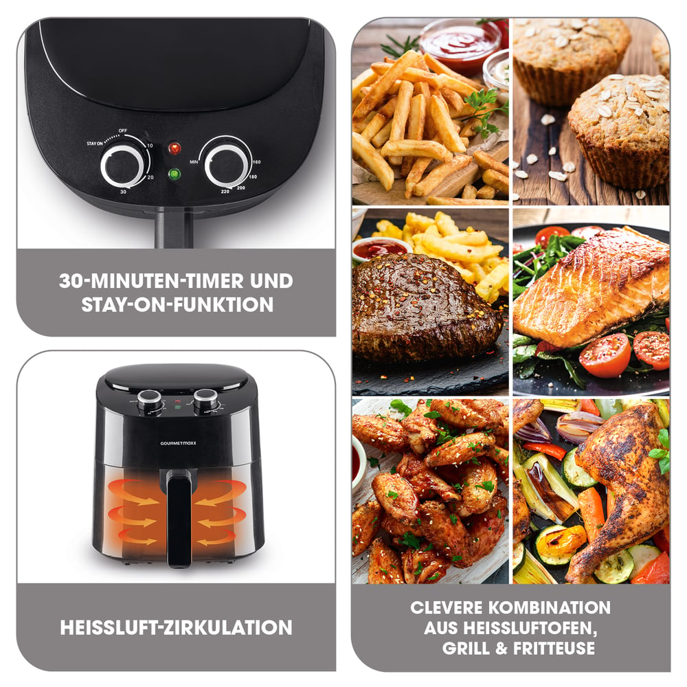 Eine Heißluftfritteuse mit Timer und Kochoptionen. Zeigt verschiedene gekochte Speisen wie Pommes, Steak, Lachs, Chicken Wings und Muffins.