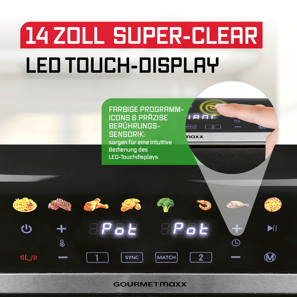 Nahaufnahme eines digitalen Geräts mit Touch-Display. Es zeigt Essenssymbole. Ein Finger berührt den Bildschirm und aktiviert ihn.