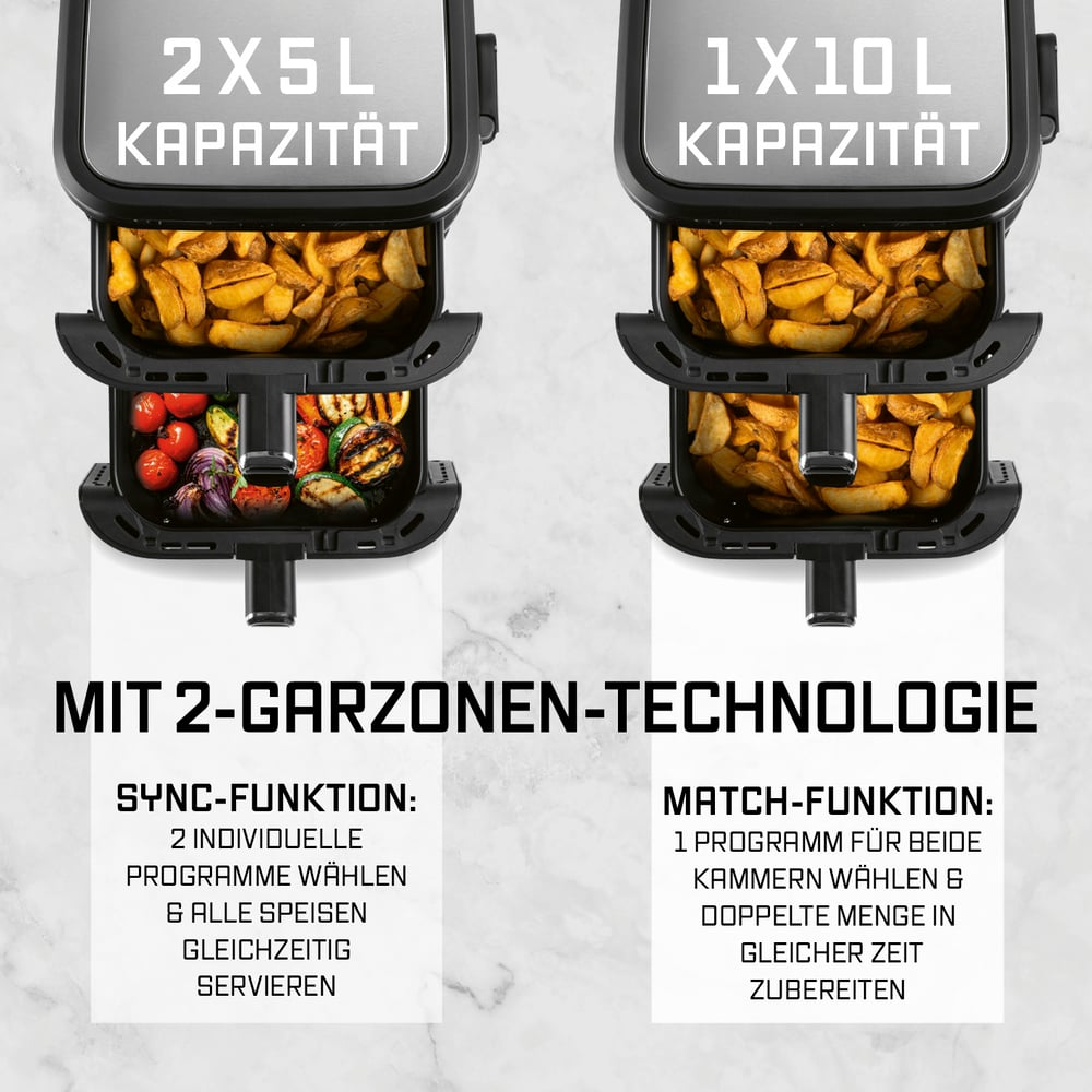 Ein Airfryer mit zwei Kammern. Eine hat Pommes, die andere Gemüse. Text beschreibt Sync- und Match-Funktionen.