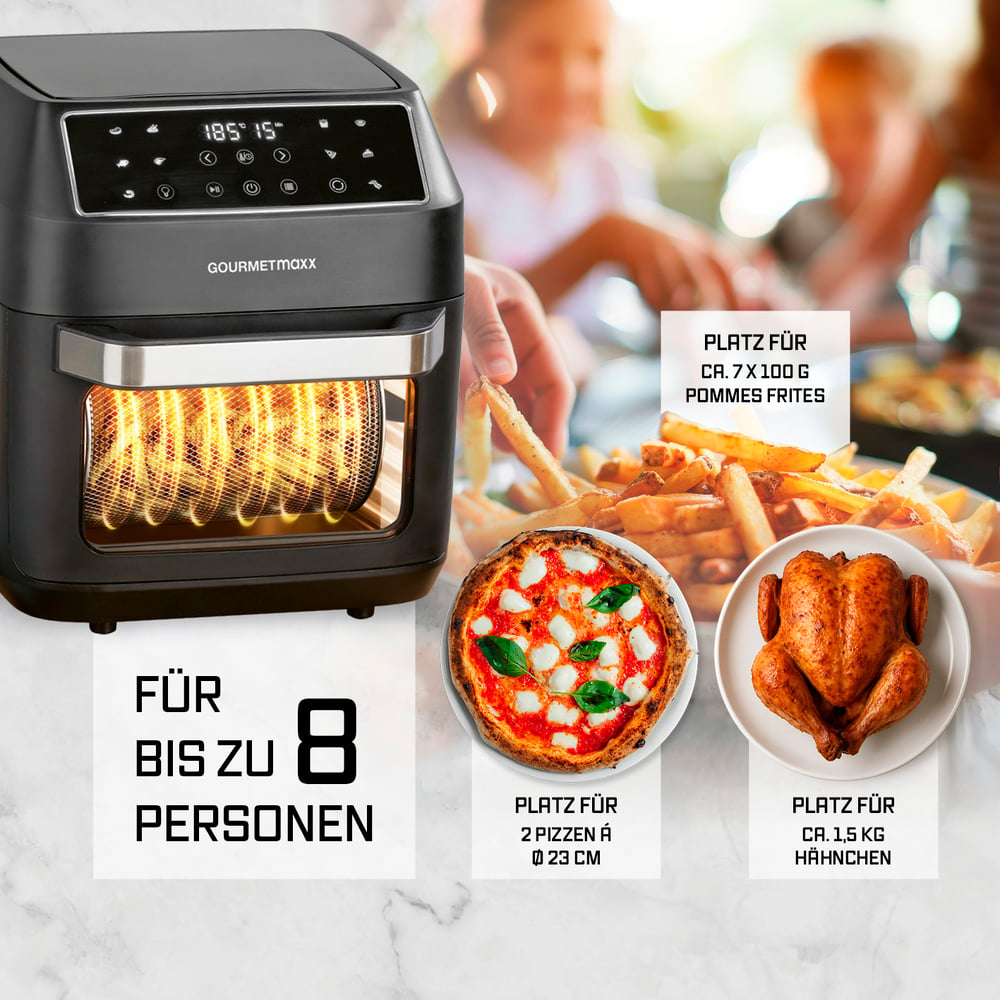 Schwarze Heißluftfritteuse mit Digitalanzeige, Pizza, Pommes und Hähnchen zeigen die Kapazität für 8 Personen.