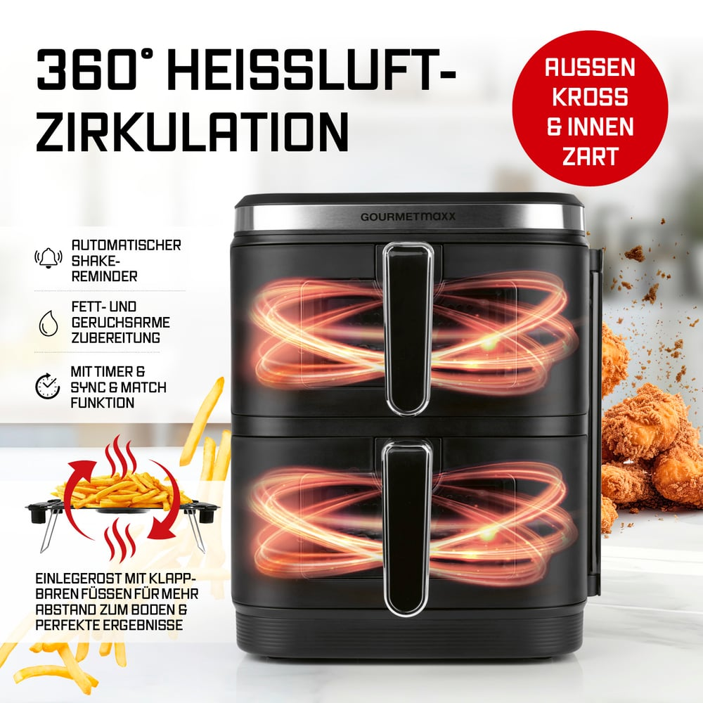 Ein schwarzer Gourmetmaxx-Heißluftfritteuse mit Pommes Frites und frittiertem Essen. Text enthält '360° HEISSLUFT-ZIRKULATION'.