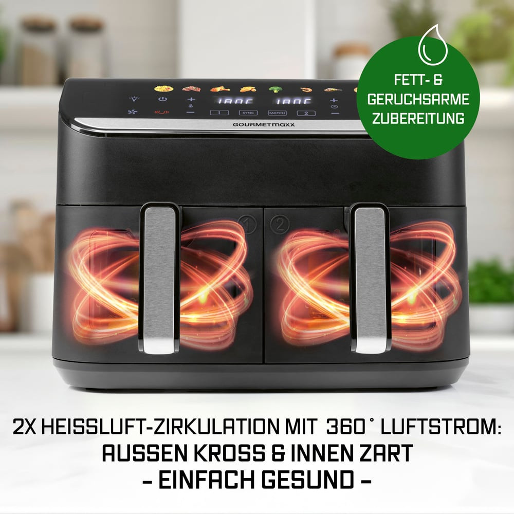 Ein schwarzer Gourmetmaxx-Heißluftfritteuse mit zwei Fächern, innen orange leuchtend. Sie wirbt für gesundes Kochen mit 360° Luftstrom.