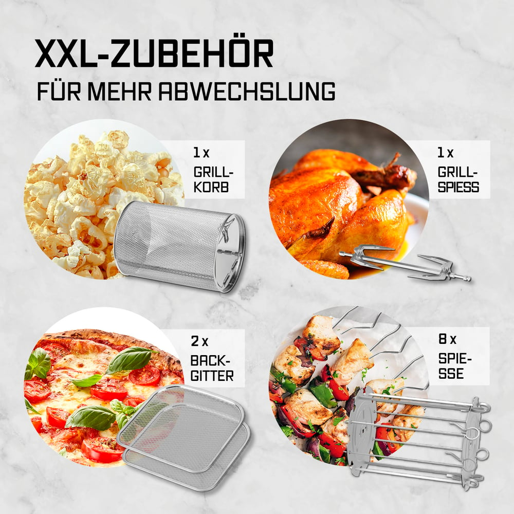 Das Bild zeigt Grillzubehör: Grillkorb mit Popcorn, Drehspieß mit Hähnchen, Backgitter mit Pizza und Spieße mit Gemüse.