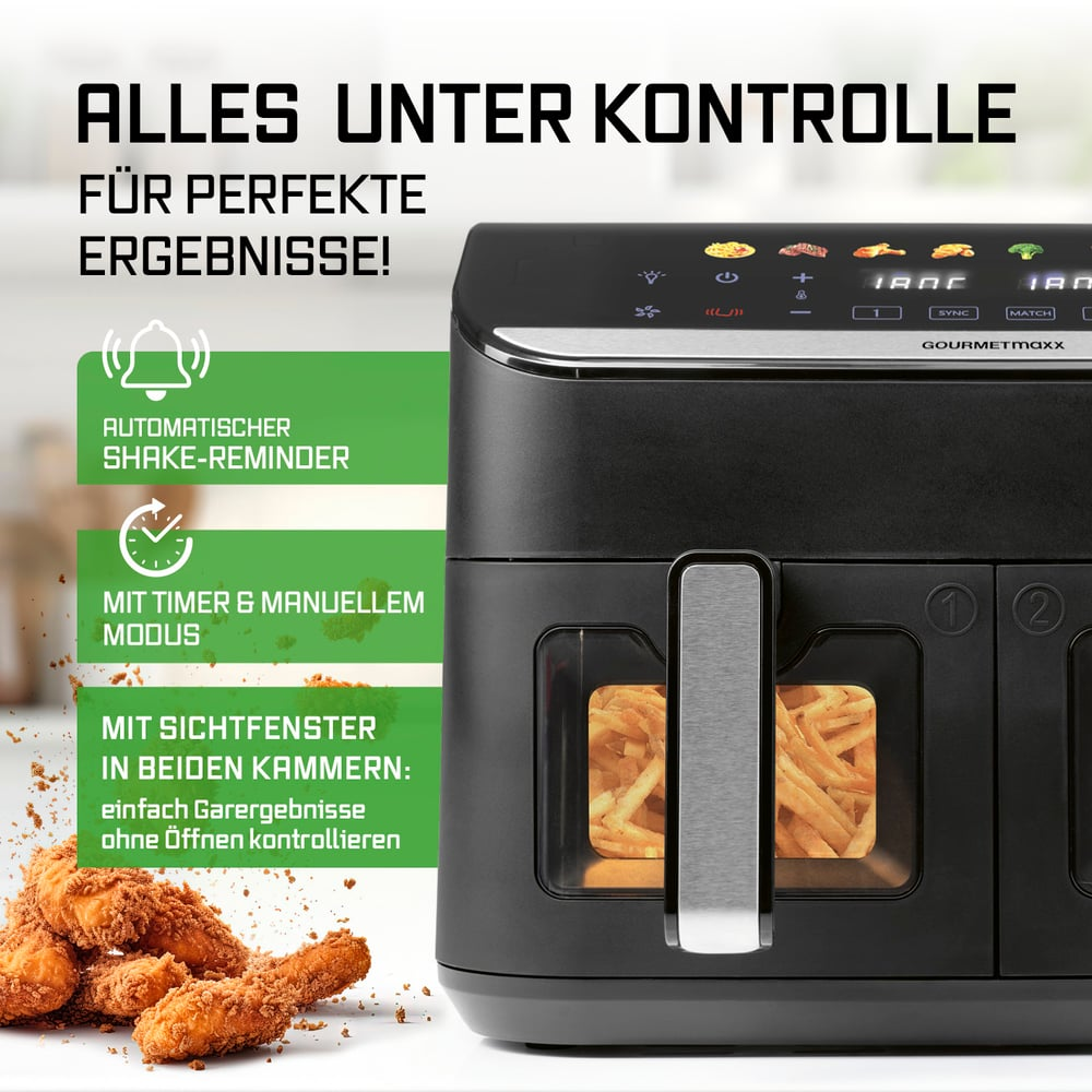 Ein schwarzer Luftfritteuse mit Pommes Frites im Inneren. Text auf Deutsch lautet 'Alles unter Kontrolle' und Funktionen wie Timer.