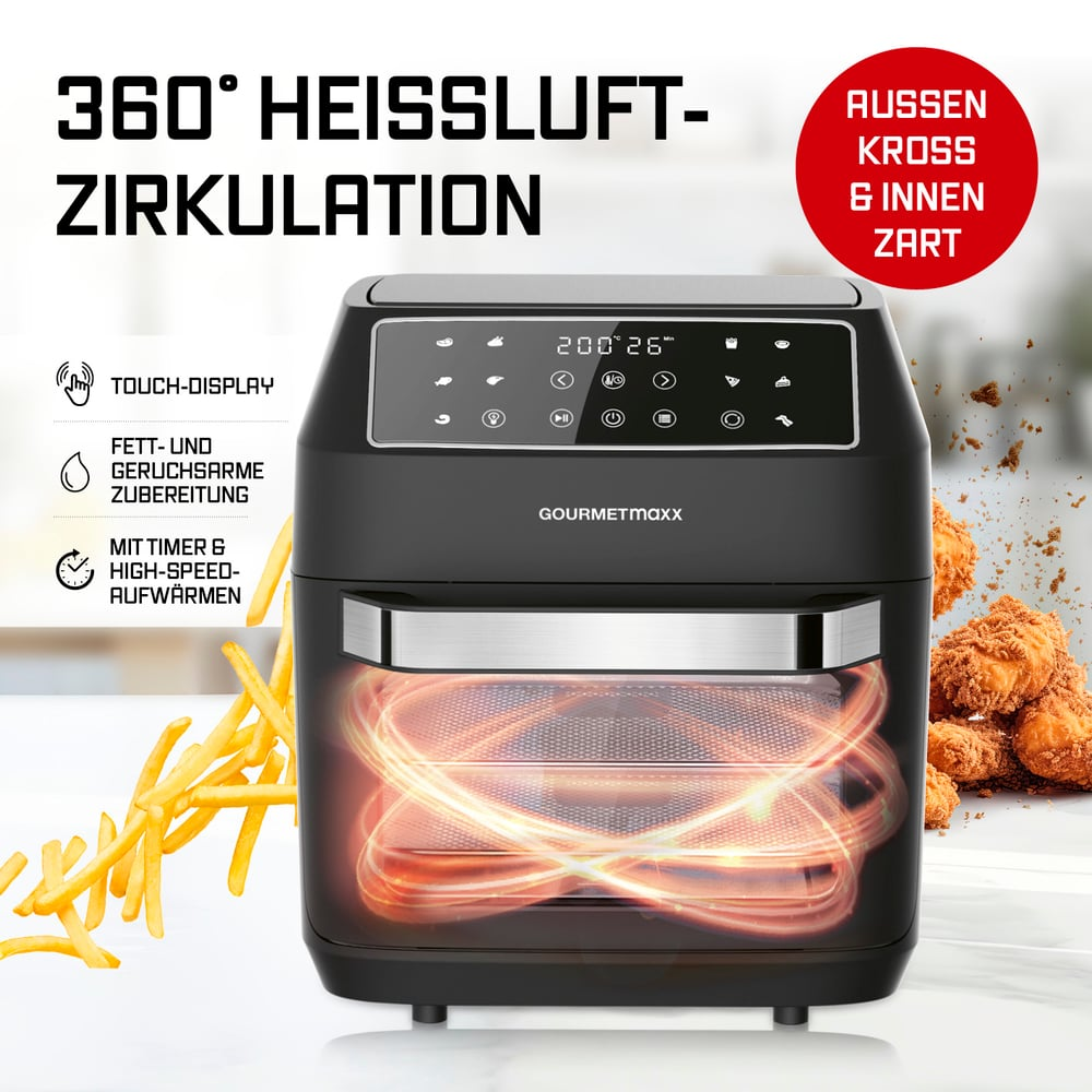Schwarze Heißluftfritteuse mit Display, Pommes Frites und gekochten Speisen. Text: 360° Luftzirkulation, Touch-Display, Timer.