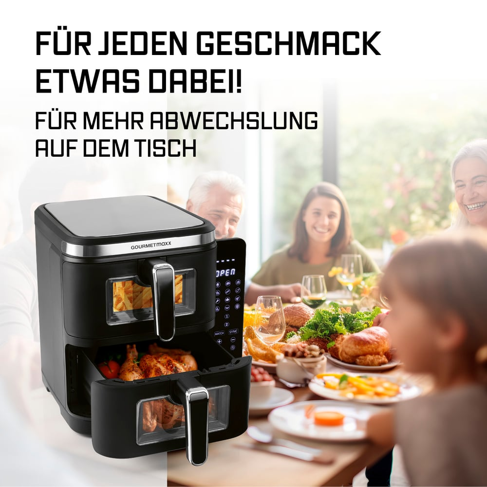 Schwarze Heißluftfritteuse mit Essen, eine Familie isst am Tisch, Text oben: 'Für jeden Geschmack etwas dabei!'.