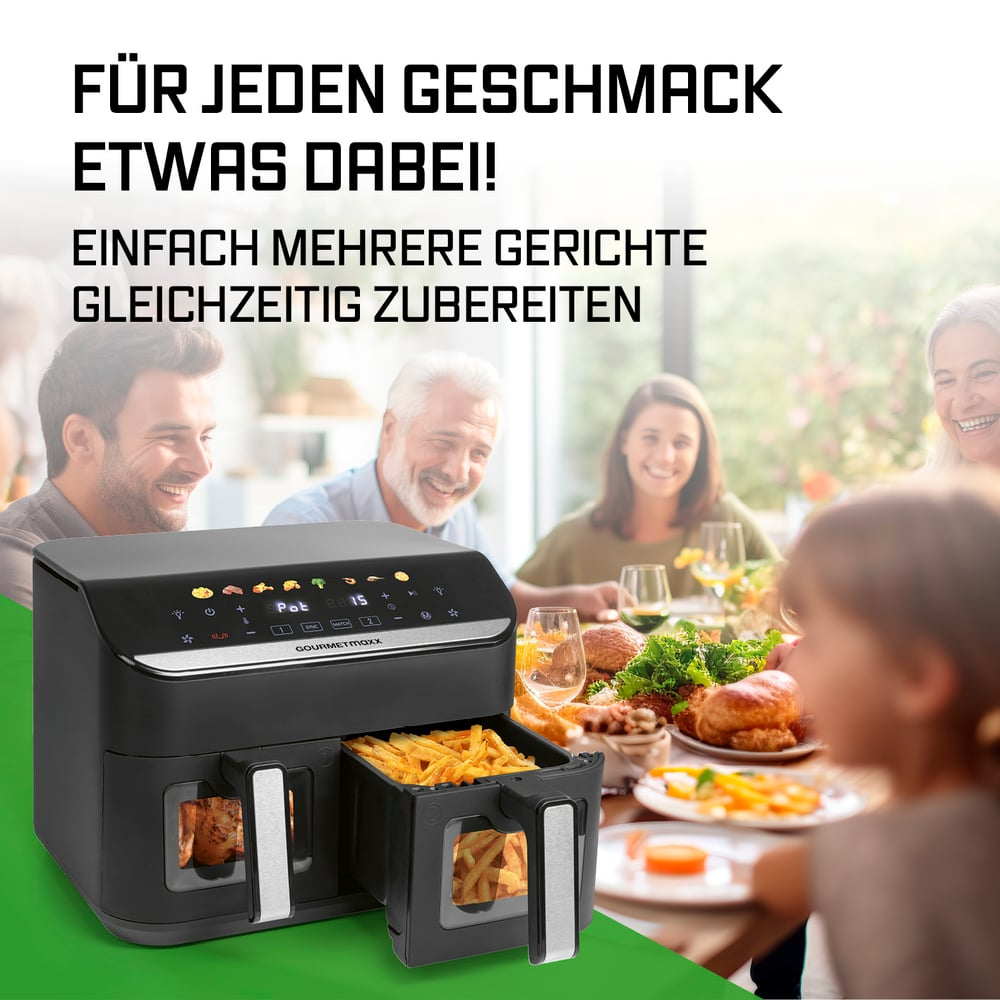 Schwarze Heißluftfritteuse mit Pommes. Familie am Tisch mit Essen. Text: Für jeden Geschmack etwas dabei!