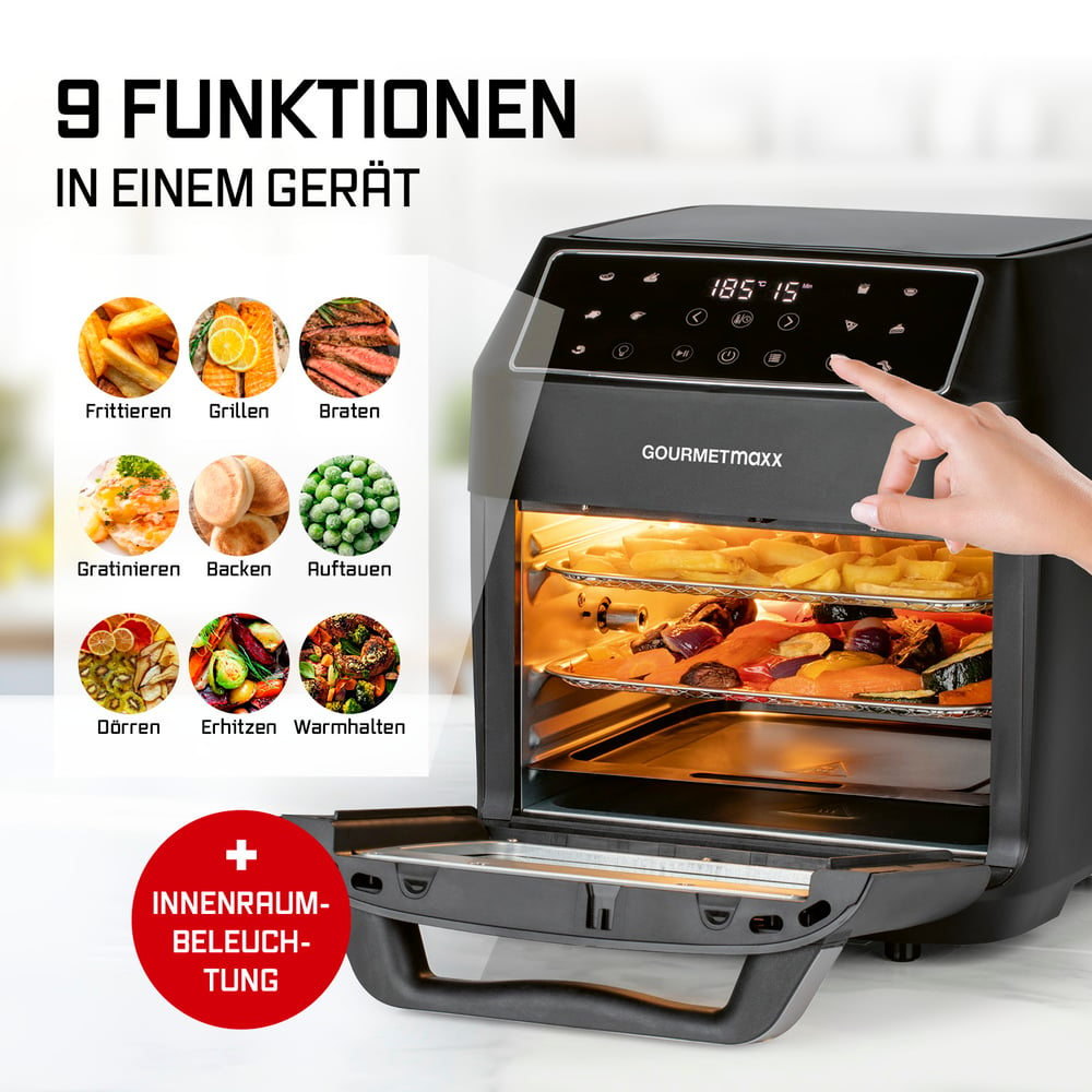 Ein schwarzer Airfryer mit Essen darin, eine Hand berührt das Bedienfeld. Neun Kochfunktionen werden angezeigt.