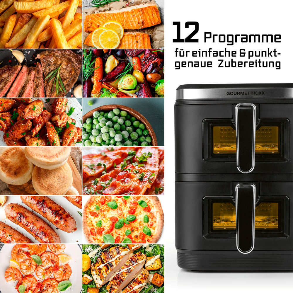 Ein Heißluftfritteuse mit Essensbeispielen: Pommes, Lachs, Steak, Gemüse, Chicken Wings, Erbsen, Muffins, Speck, Würstchen, Pizza, Garnelen und Hähnchen.