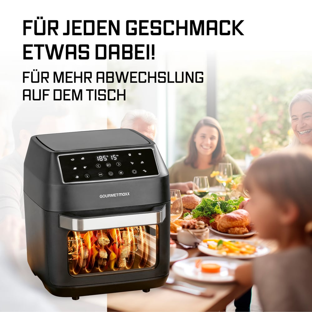Schwarze Heißluftfritteuse mit Essen, mit lächelnder Familie am Esstisch. Text darüber: 'Für jeden Geschmack etwas dabei!'