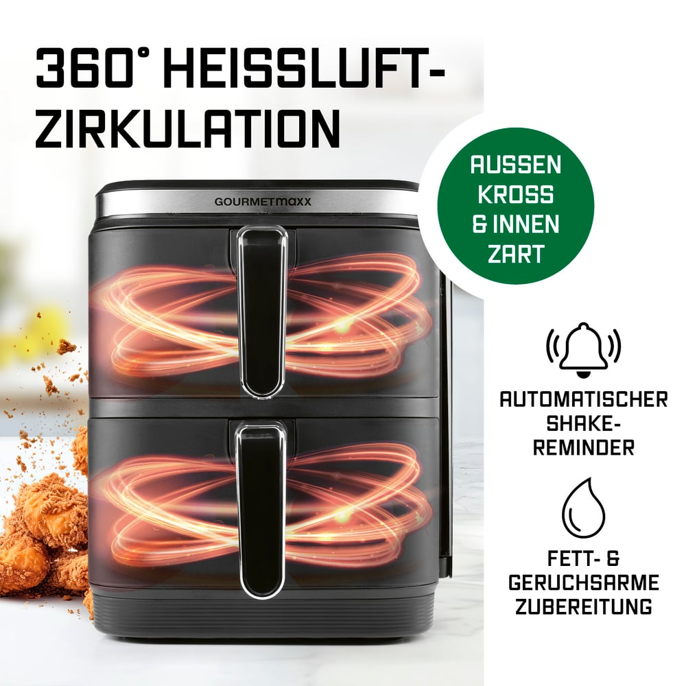 Schwarze Heißluftfritteuse mit Griff. Text zeigt '360° HEISSLUFT-ZIRKULATION'. Merkmale: außen knusprig, innen zart, Schüttel-Erinnerung, fettarmes Kochen.