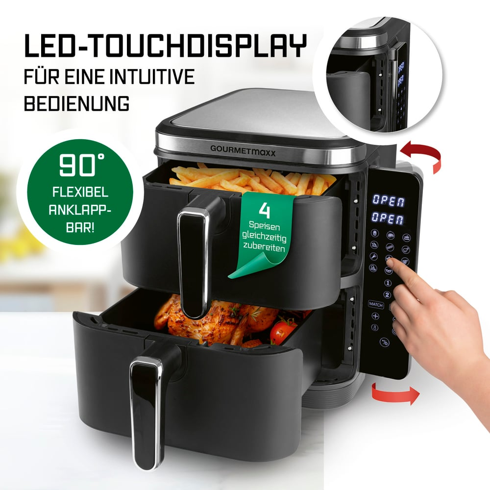 Ein schwarzer Gourmetmaxx-Heißluftfritteuse mit Pommes und Hähnchen. Es hat ein Touch-Display und kann 4 Mahlzeiten gleichzeitig zubereiten.